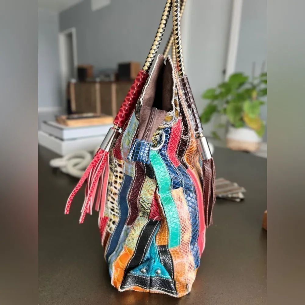 Retro Multicolor Leather Patchwork Handbag with Braided Handles - Picture 3 of 8